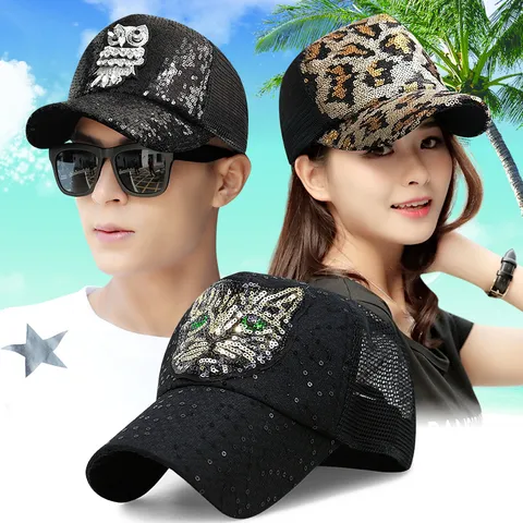 Damen Leopardenmuster Pailletten Trucker Hat Mode Strass Buchstabe A D Eule Patch Baseball Cap Sommer Atmungsaktiv Mesh Sonnenhut