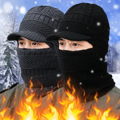 Winter Acrylic Knitted Balaclava Hat With Brim Fleece Lined Thickened Warm Windproof Jacquard Ski Mask For Outdoor Men Women