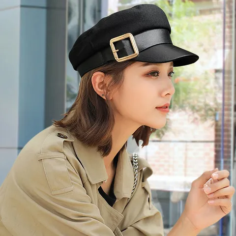Women Retro Woolen Navy Hat Korean Style Autumn Winter Warm Baker Boy Cap With Leather Brim And Metal Buckle Beret Hat