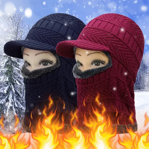 Winter Acrylic Knitted Balaclava Hat With Brim Fleece Lined Thickened Warm Windproof Jacquard Ski Mask For Outdoor Men Women