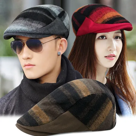 British Retro Woolen Patchwork Striped Beret Hat For Men Women Autumn Winter Warm Ivy Cap Newsboy Painter Hat Outdoor Flat Cap