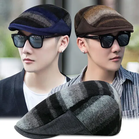 British Retro Woolen Patchwork Striped Beret Hat For Men Women Autumn Winter Warm Ivy Cap Newsboy Painter Hat Outdoor Flat Cap