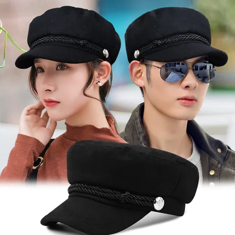 Unisex Woolen Navy Hat For Men Women Autumn Winter Warm Flat Top Captain Hat With Braided Rope Metal Buttons Newsboy Cap