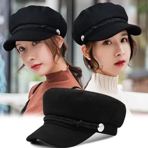 Unisex Woolen Navy Hat For Men Women Autumn Winter Warm Flat Top Captain Hat With Braided Rope Metal Buttons Newsboy Cap