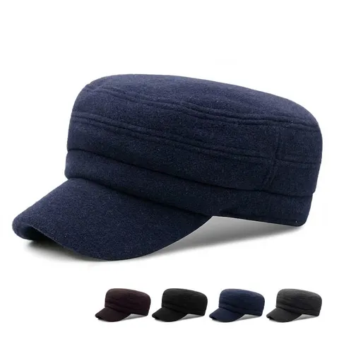 Heren Vintage Wollen Cadet Cap Winter Warme Flat Top Hoed Koreaanse Stijl Outdoor Volledig Gesloten Militaire Pet