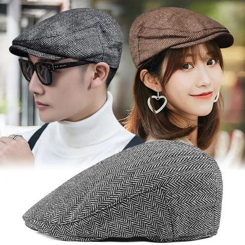 British Retro Patchwork Herringbone Beret For Men Women Casual Newsboy Cap Spring Autumn Flat Cap Sunshade Duckbill Hat