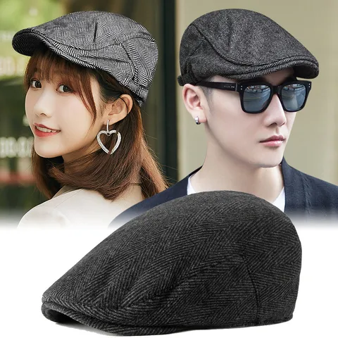 British Retro Patchwork Herringbone Beret For Men Women Casual Newsboy Cap Spring Autumn Flat Cap Sunshade Duckbill Hat