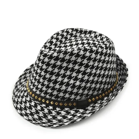 Childrens Houndstooth Fedora Hat Woolen Winter Warm Retro Jazz Cap With Rivet Belt Buckle For Boys Girls Fashion Accessory