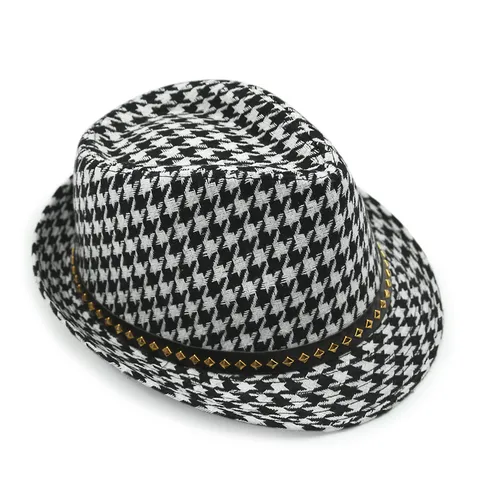 Childrens Houndstooth Fedora Hat Woolen Winter Warm Retro Jazz Cap With Rivet Belt Buckle For Boys Girls Fashion Accessory
