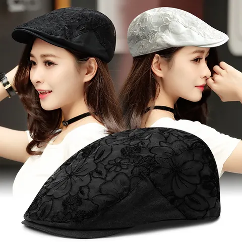 Women Summer Lace Floral Beret Hat Elegant Breathable Mesh Duckbill Hat Casual Outdoor Sun Protection Flat Cap