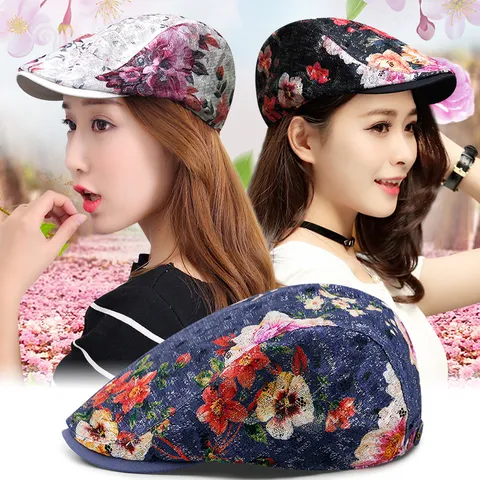 Women Summer Lace Floral Beret Hat Elegant Breathable Mesh Duckbill Hat Casual Outdoor Sun Protection Flat Cap