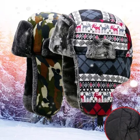 Winter Camouflage Plaid Trapper Hat Men Women Warm Plush Earflap Bomber Hat Windproof Outdoor Cycling Aviator Snow Cap