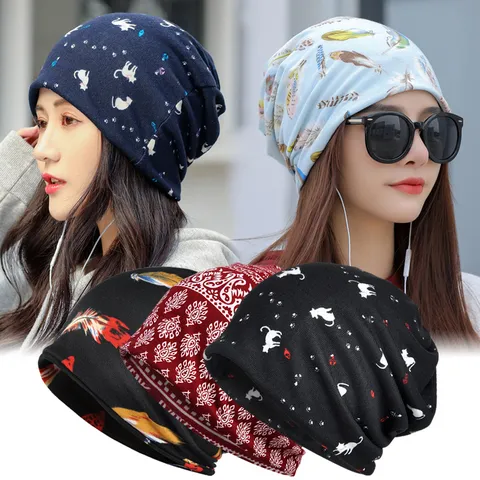 Gorro Slouchy para Mujer Sombrero Turbante Multifuncional Calentador de Cuello Paisley Pluma Gato Estampado Gorro Slouchy de Acrílico Cálido para el Aire Libre