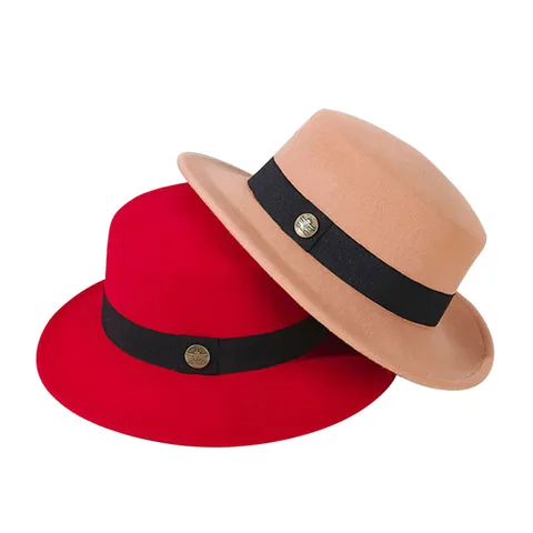 British Retro Wool Felt Boater Hat Wide Brim Flat Top Fedora Hat With Ribbon Metal Buckle Autumn Winter Warm Unisex Hat