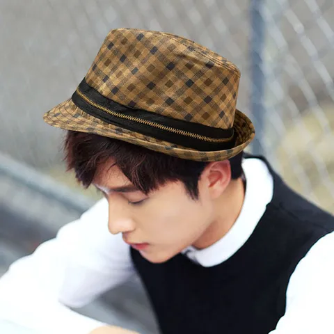 British Plaid Fedora Hat Graffiti Letter Print Jazz Hat With Zipper Band Vintage Streetwear Sun Hat For Men Women