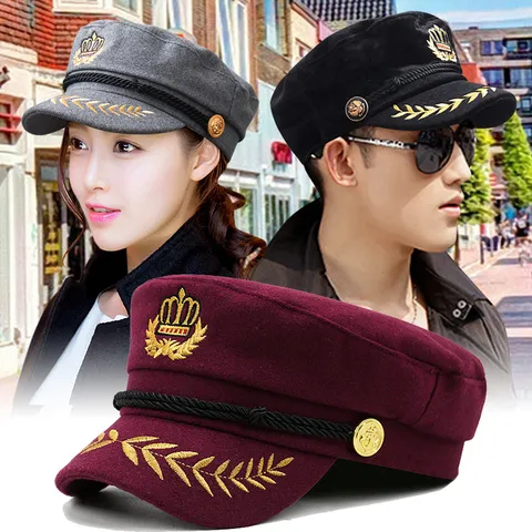 Berretto da Capitano di Marina in Misto Lana Vintage per Uomo Donna Inverno Caldo Cappello a Cima Piatta Con Ricamo a Corona di Grano Dorato Cappello da Marinaio in Stile Nautico