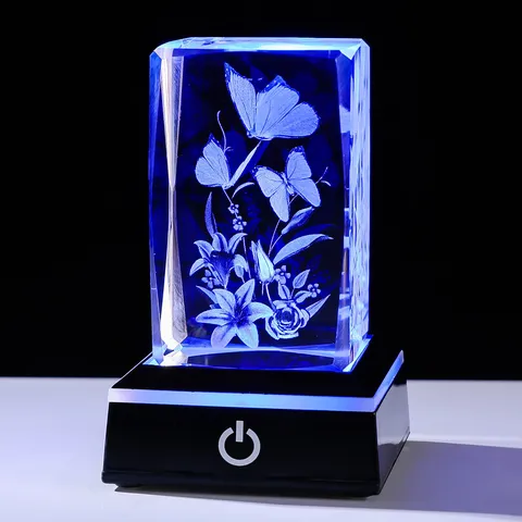 3D Laser Engraved White Crystal Cube Night Light LED Touch Base Multicolored Butterfly Flower Desk Ornament Valentine Day Gift