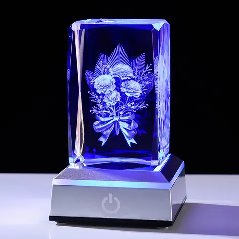 3D Laser Engraved White Crystal Cube Night Light With LED Luminous Base Carnation Flower Crystal Ornament Desk Lamp Birthday Gift