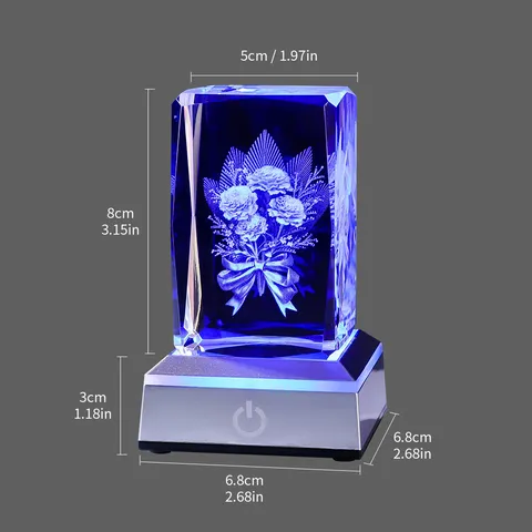 3D Laser Engraved White Crystal Cube Night Light With LED Luminous Base Carnation Flower Crystal Ornament Desk Lamp Birthday Gift