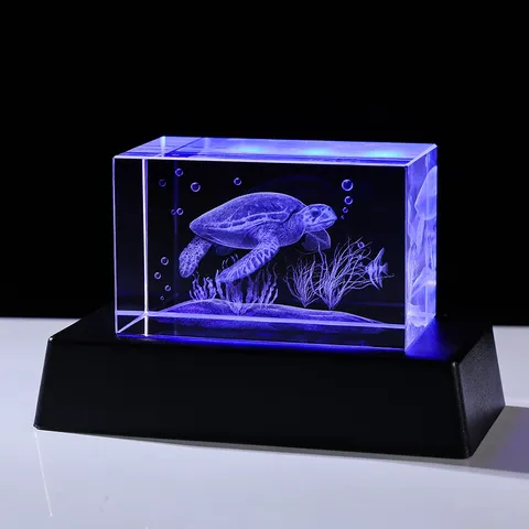 3D Laser Engraved White Crystal Night Light With Multi-Color LED Base Sea Turtle Pattern Desktop Ornament For Birthday Gift Home Decor