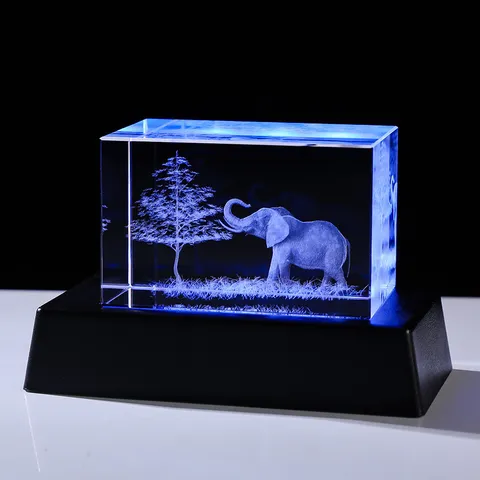 Luz Nocturna de Cristal Grabado con Láser 3D Elefante Ornamento Cubo Transparente Con Base LED de Colores Lámpara de Escritorio Moderna Decoración Regalo