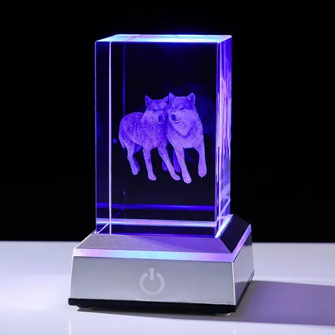 3D Laser Binnengravure Wit Kristal Kubus Nachtlampje Met LED Gloeidende Voet Modern Minimalistisch Dierpatroon Bureau Ornament Cadeau