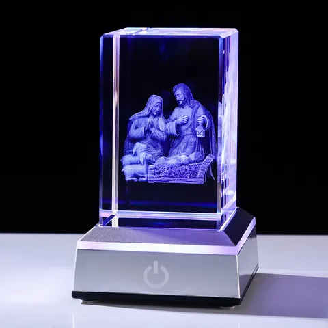 Luz de Noche de Cristal Grabado Láser 3D Escena del Nacimiento Base LED Multicolor Figura de Jesús Decoración Hogar Regalo