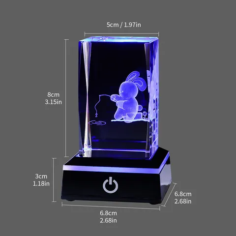 3D Laser Engraved Rabbit Crystal Cube Night Light With LED Glowing Base Colorful Color Changing Ornament Bedroom Desk Lamp Gift