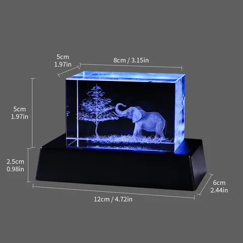 Luz Nocturna de Cristal Grabado con Láser 3D Elefante Ornamento Cubo Transparente Con Base LED de Colores Lámpara de Escritorio Moderna Decoración Regalo
