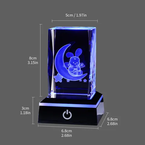 Veilleuse Cube en Cristal Gravée au Laser 3D Lapin de Lune Avec Base Tactile LED Lampe de Table Multicolore Pour Décoration de Chambre Cadeau