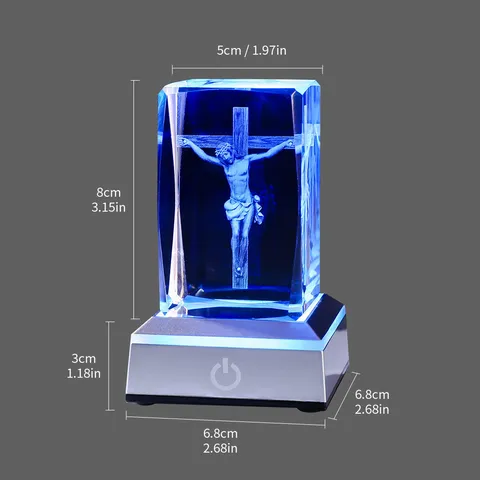3D Laser Engraved Crystal Jesus Cross Night Light With Led Base Color Changing Religious Ornament Christian Gift Desk Decor