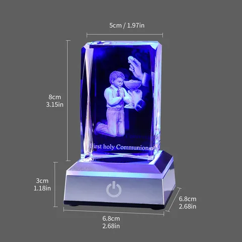 3D Laser Engraved Crystal Cube Night Light Praying Boy First Holy Communion LED Base Desk Ornament Religious Gift Warm Light