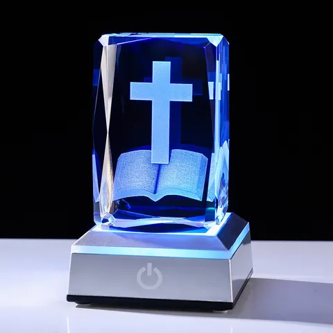 3D Laser Engraved White Crystal Cross Bible Cube Night Light With LED Glowing Base Color Changing Religious Ornament For Home Office Gift