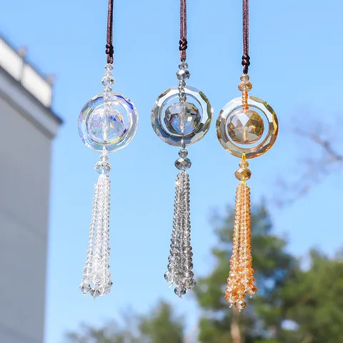 Artificial Crystal Car Hanging Ornament Faceted Rotating Ball Pendant With Crystal Beads Tassel Car Interior Rearview Mirror Decoration Gift