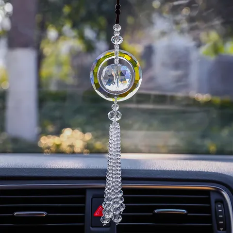 Artificial Crystal Car Hanging Ornament Faceted Rotating Ball Pendant With Crystal Beads Tassel Car Interior Rearview Mirror Decoration Gift