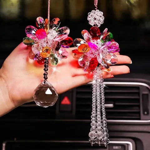 Luxury Faceted Artificial Crystal Car Hanging Ornament Floral Design Crystal Ball Tassel Rearview Mirror Decoration Gift