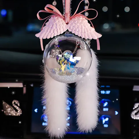 Transparent Snowflake Crystal Ball Car Pendant Interior Rearview Mirror Decoration With Angel Figure Bow And Faux Fur Tassel