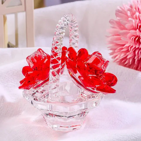 Crystal Flower Basket Ornament With Red Crystal Rose Faceted Glass Figurine For Home Office Car Decor Mother Day Teacher Day Gift