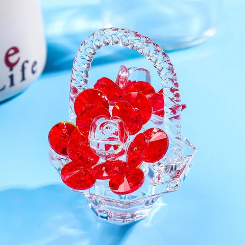 Crystal Flower Basket Ornament With Red Crystal Rose Faceted Glass Figurine For Home Office Car Decor Mother Day Teacher Day Gift
