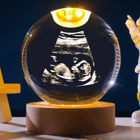 3D Laser Engraved Fetus Ultrasound Crystal Ball Night Light Wood Base Newborn Baby Memorial Souvenir Desktop Decoration
