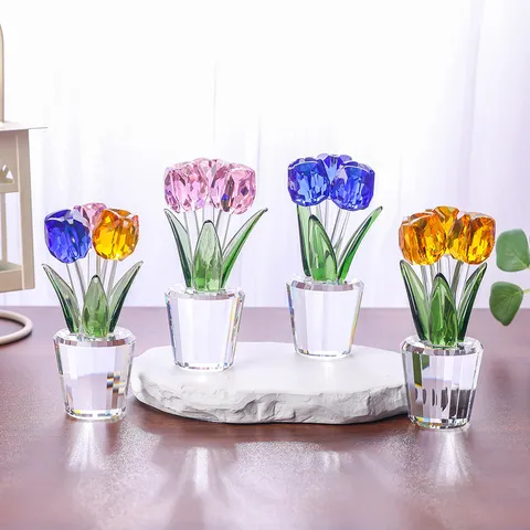 Adorno de Flor de Tulipán de Cristal Figura Floral de Vidrio Transparente Facetado Decoración Escritorio Con Caja de Regalo Moderna Hogar Oficina Sala de Estar Decoración Regalo