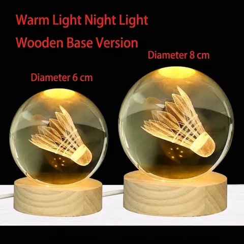 Veilleuse Boule de Cristal Gravée au Laser 3D Volant avec Base en Bois Ornement de Table Lumineux LED Chaud Souvenir