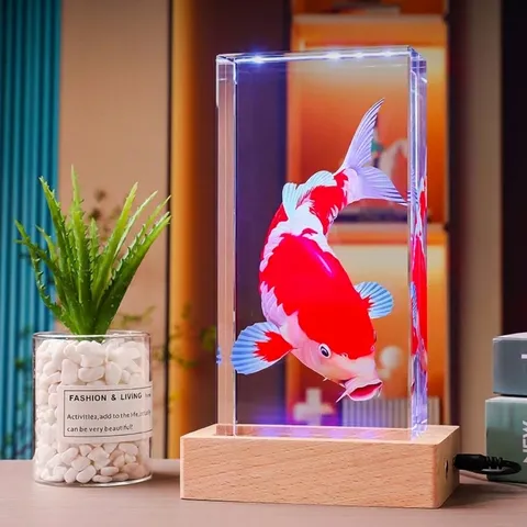 3D Laser-Innengravur Koi-Fisch Weißer Kristall Würfel Ornament Dekorativ Modern Minimalistisch Klarer Kristall Tischkunst Akzent Für Haus Büro Deko Geschenk