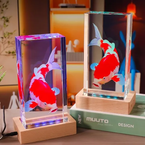 3D Laser-Innengravur Koi-Fisch Weißer Kristall Würfel Ornament Dekorativ Modern Minimalistisch Klarer Kristall Tischkunst Akzent Für Haus Büro Deko Geschenk