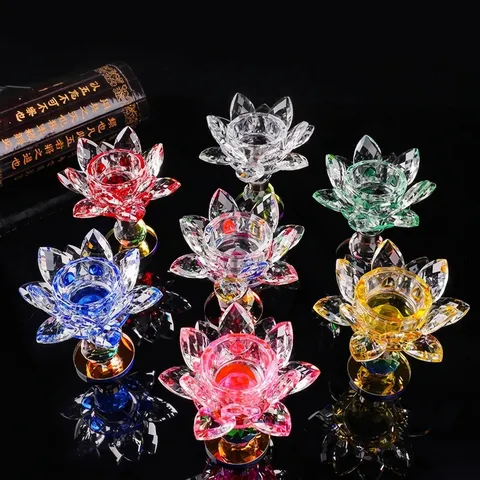 Portacandele in Cristallo Colorato a Forma di Loto Girevole Sfaccettato in Vetro Supporto per Candele Decorazione Casa