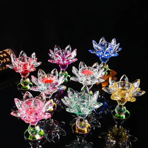 Portacandele in Cristallo Colorato a Forma di Loto Girevole Sfaccettato in Vetro Supporto per Candele Decorazione Casa