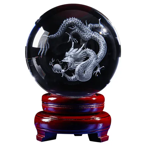 Crystal Ball Ornament With Wooden Base Laser Engraved 3D Dragon Horse Pattern Glass Sphere Table Decor Office Gift