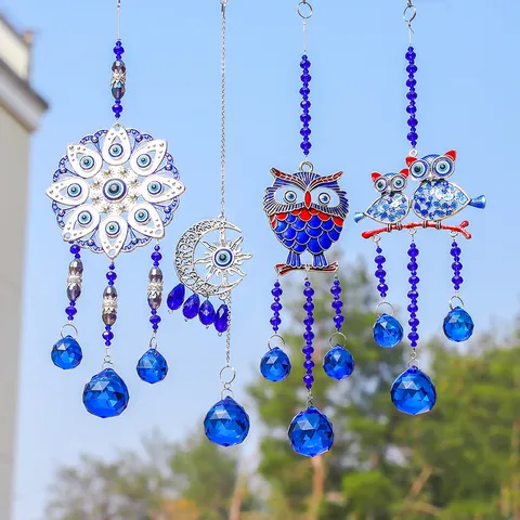 Böser Blick Kristall Suncatcher Hängende Dekoration Metall Glas Handgefertigt Blau Eule Mond Blume Garten Fenster Wanddeko