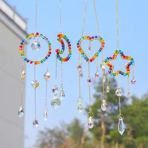 Crystal Suncatcher Hanging Ornament Colorful AB Glass Beads Star Moon Heart Pendant Rainbow Maker For Home Garden Window Decoration