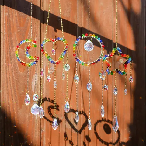 Crystal Suncatcher Hanging Ornament Colorful AB Glass Beads Star Moon Heart Pendant Rainbow Maker For Home Garden Window Decoration
